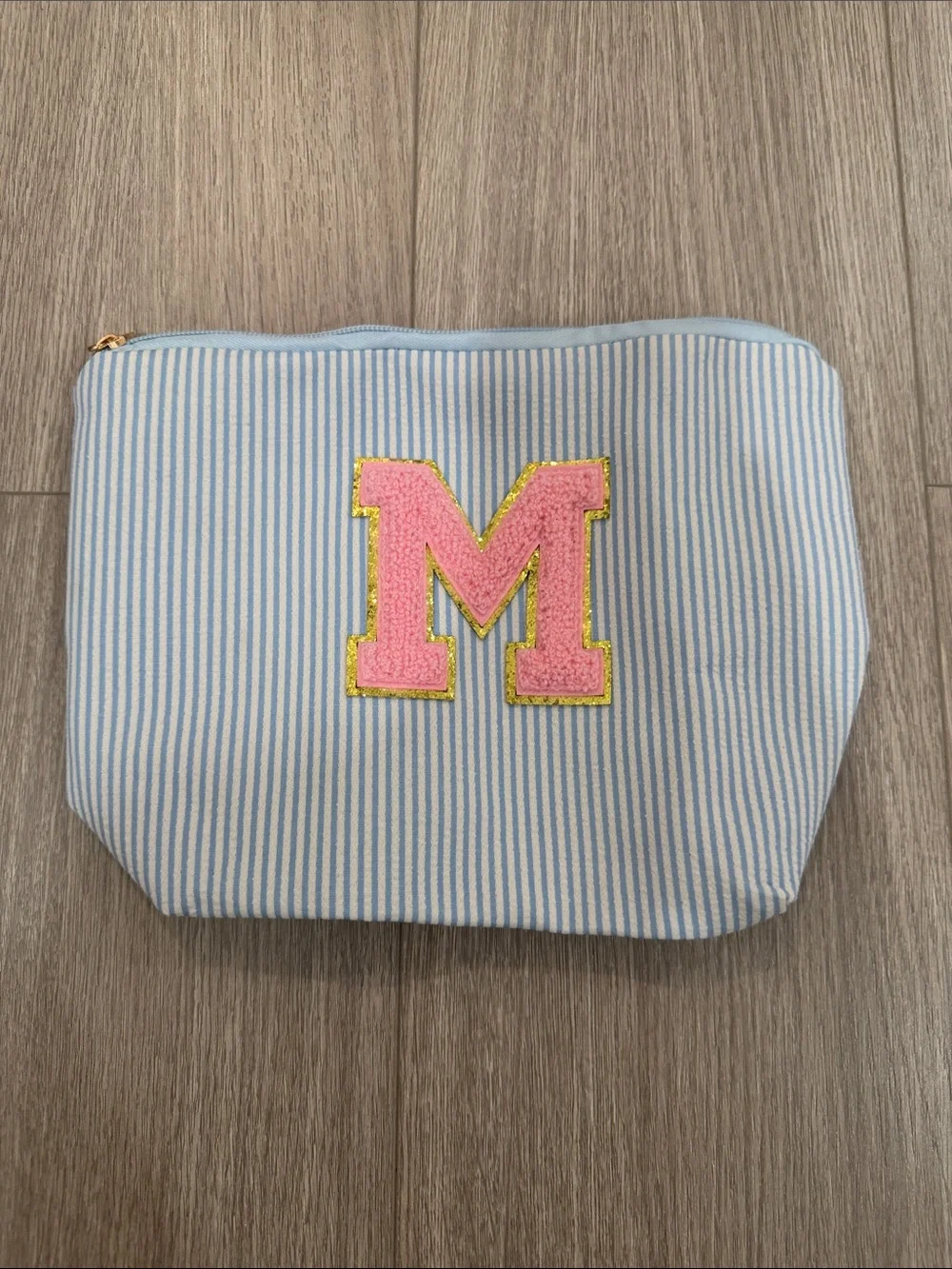Blue Stripe Cosmetic Bag with Pink 'M' Patch